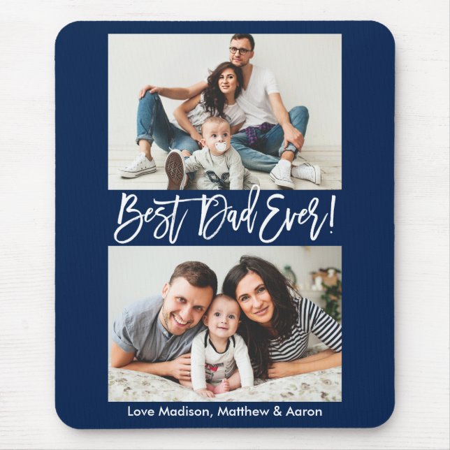 Modern Brush Script Bester Vater je 2 Foto Blau Mousepad (Vorne)