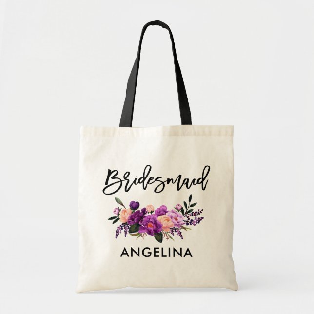 Modern Brush Script Bridesmaid Lila Tragetasche (Vorne)