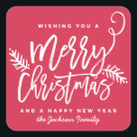Modern Brush Script Bright Christmas Holiday Red Quadratischer Aufkleber<br><div class="desc">Machen Sie eine atemberaubende Aussage in dieser Urlaubssaison mit diesem stilvollen Urlaubsaufkleber mit "Frohe Weihnachten" in einem Bürstenskript-Schriftart. Für weitere Stücke in diesem Design kaufen Sie unseren Online-Shop!</div>