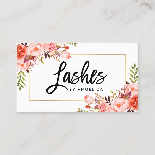 Modern Brush Script Coral Floral Lashes Visitenkarte (Vorderseite)