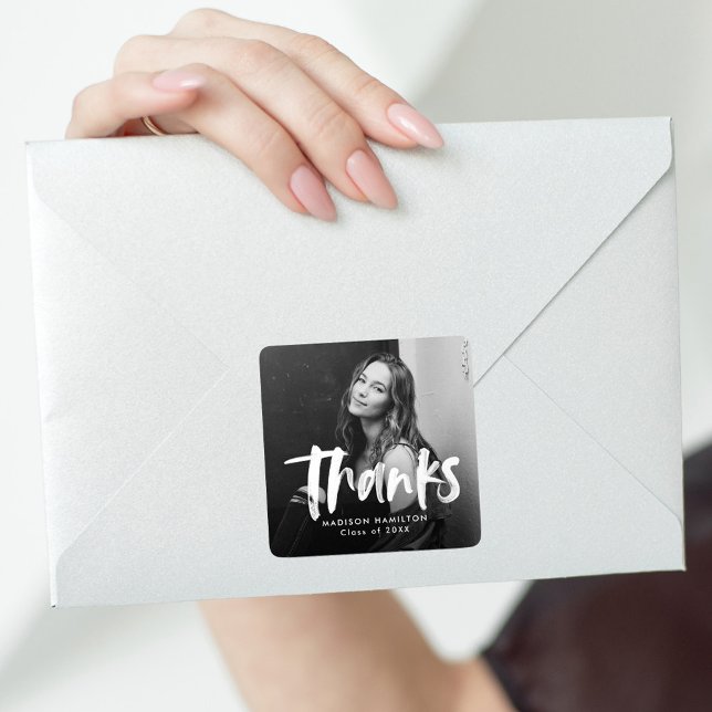 Modern Brush Script Foto Abschluss Vielen Dank Quadratischer Aufkleber (Von Creator hochgeladen)