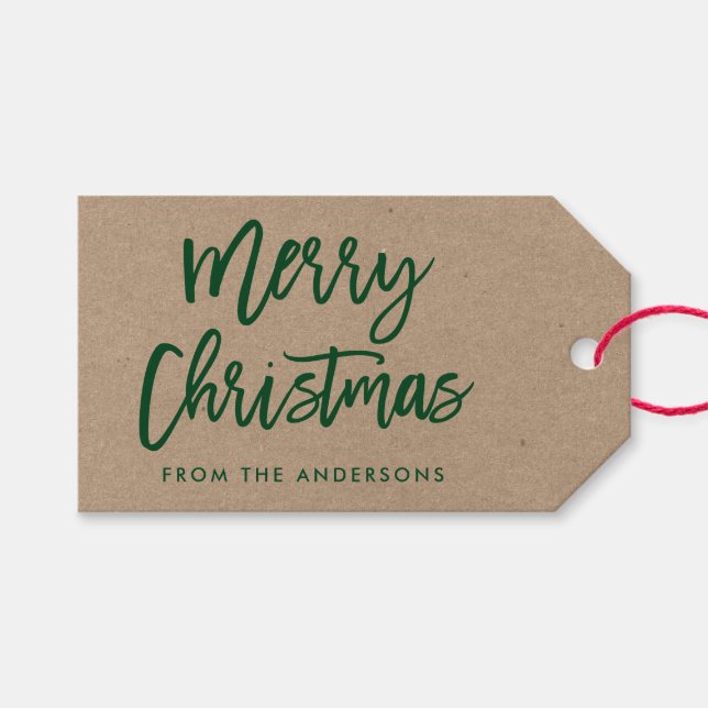 Modern Brush Script Frohe Weihnachten Kraft Green Geschenkanhänger (Vorderseite (Horizontal))
