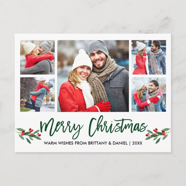 Modern Brush Script Green 5 Foto Frohe Weihnachten Postkarte (Vorderseite)