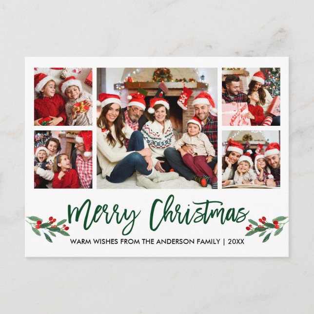 Modern Brush Script Green 5 Foto Weihnachten Postkarte (Vorderseite)
