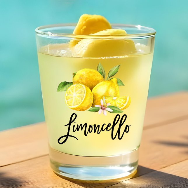 Modern Brush Script Limoncello Watercolor Lemons Schnapsglas (Watercolor Lemons and Brush Script Calligraphy Limoncello Shot Glass)