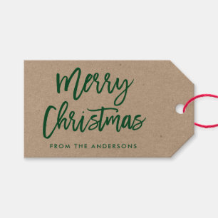 Modern Brush Script MerChristmas Kraft Green Geschenkanhänger