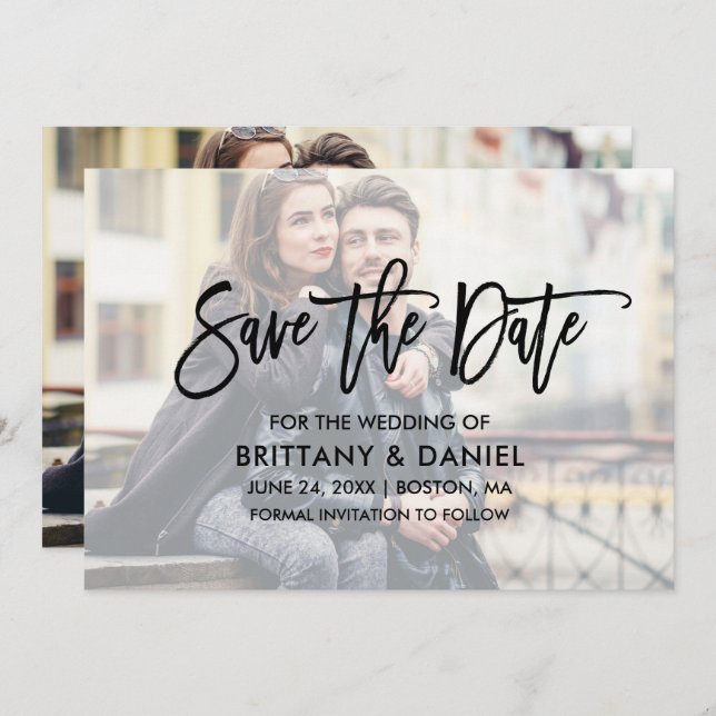 Modern Brush Script Overlay Save the Date Card (Vorne/Hinten)