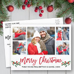 Modern Brush Script Red 5 Foto Frohe Weihnachten Postkarte<br><div class="desc">Modern Brush Script 5 Foto Couple Foto Collage Frohe Weihnachtspostkarte enthält Watercolor Christmas Holly Berries - Red Script</div>