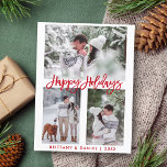 Modern Brush Script Red Happy Holidays 3 Foto Postkarte<br><div class="desc">Modernes Pinselskript für Feiertage 3 Foto Postkarte</div>
