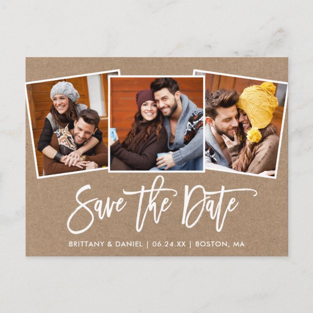 Modern Brush Script Save the Date 3 Foto Kraft Postkarte (Vorderseite)