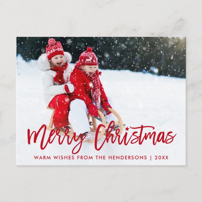 Modern Brush Script Star Foto Christmas Red Postkarte (Vorderseite)