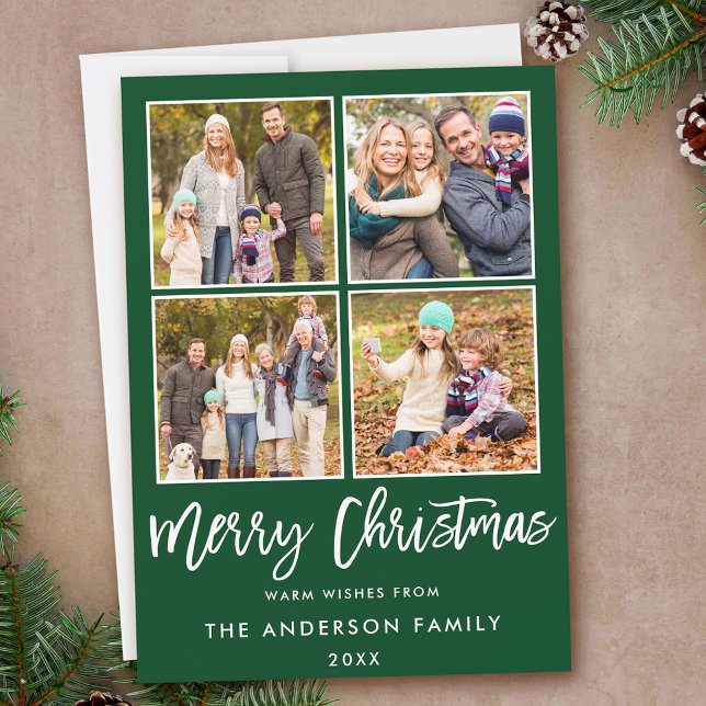Modern Brush Script Weihnachten Grün 4 Foto (Customize to add text to back of card.)