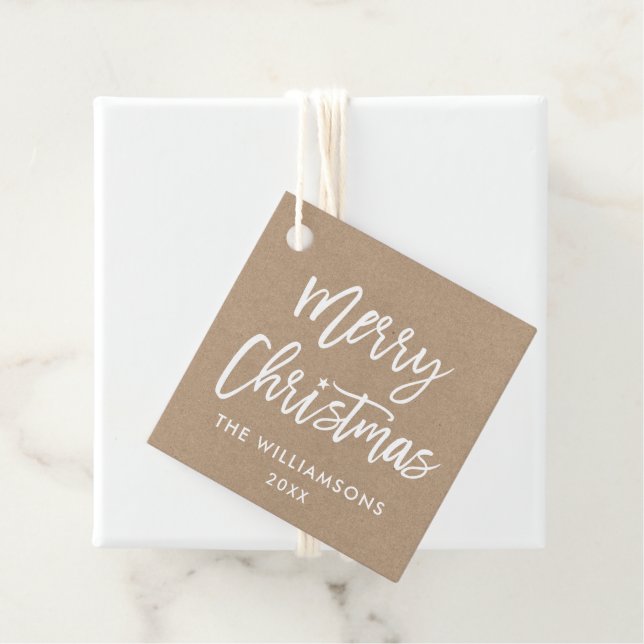 Modern Brush Script Weihnachts-Star Kraft Square Geschenkanhänger (Beispiel)