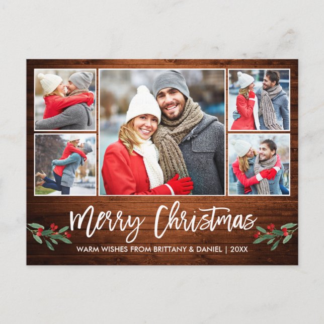 Modern Brush Script Wood 5 Foto Frohe Weihnachten Postkarte (Vorderseite)