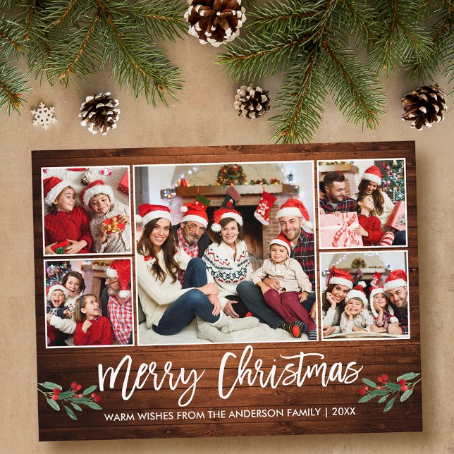 Modern Brush Script Wood 5 Foto Weihnachten Postkarte (Customize to change your personalized text size or text style.)
