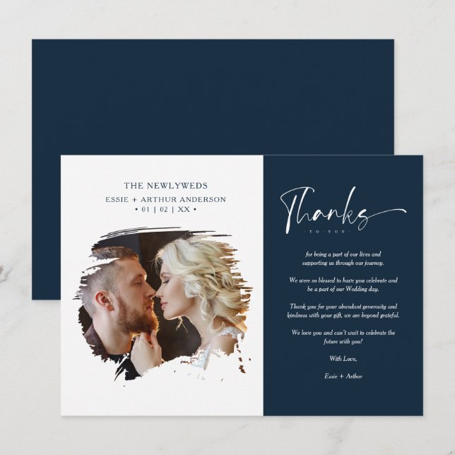 Modern Brushstoke Photo Newlyweds Couple Wedding  Dankeskarte (Vorne/Hinten)