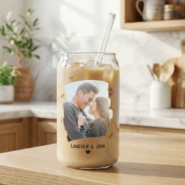 Modern Brushstroke Couple Photo & Name Iced Coffee Dosenglas