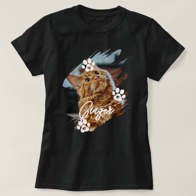 Modern Brushstroke Pet Cat Photo & Name T-Shirt (Design vorne)