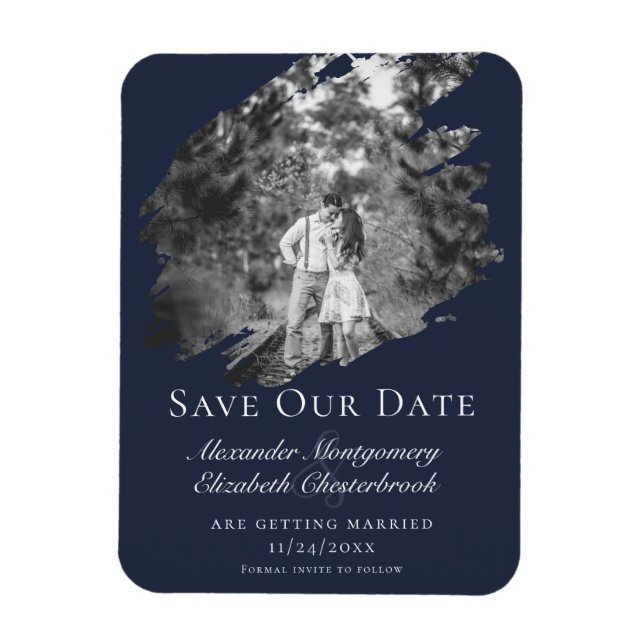 Modern Brushstroke Photo Save the Date Navy Blue Magnet (Vertikal)