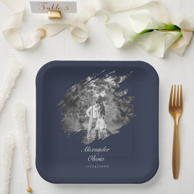 Modern Brushstroke Photo Wedding | Navy Blue Pappteller (Hochzeit)