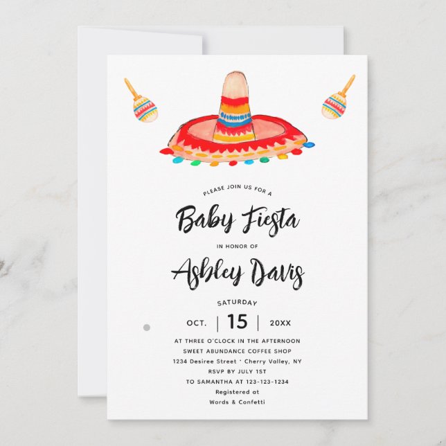 Modern Brushtypografie Sombrero Baby Fiesta Einladung (Vorderseite)