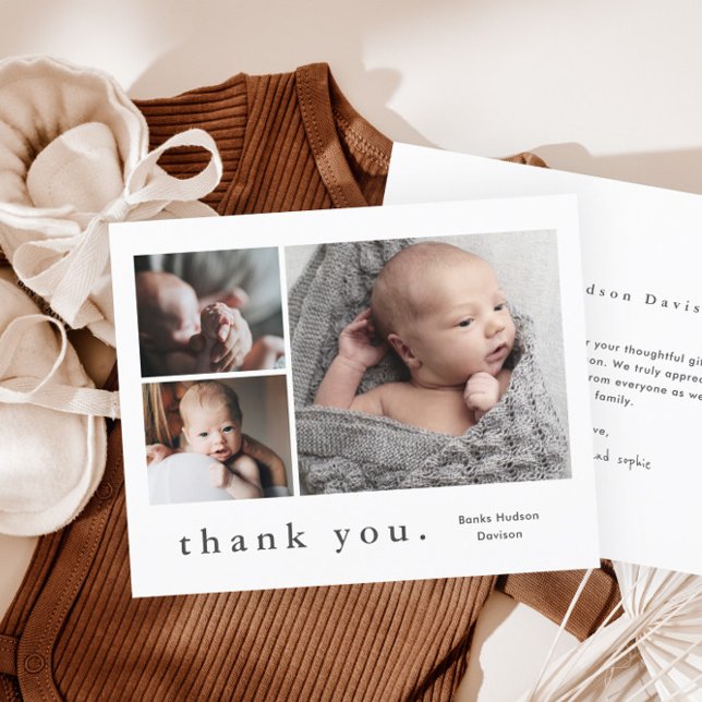 Modern Budget Foto Collage Baby Danke Karte (Simple 3 Photo Collage Budget Baby Thank You Cards.)