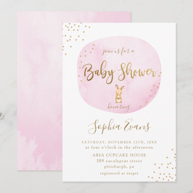 Modern Bunny Typografie Baby Dusche Chic Pink Gold Einladung (Vorne/Hinten)