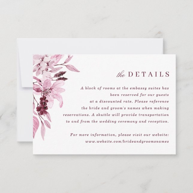 Modern Burgund Blush Wasserfarbe Blumendetails Einladung (Vorderseite)