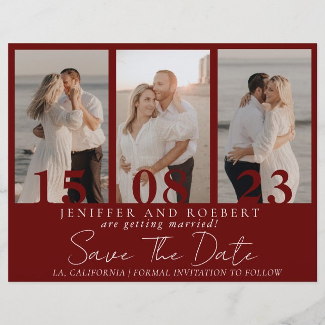 Modern Burgund Foto Collage Save the Date Karte (Vorne)
