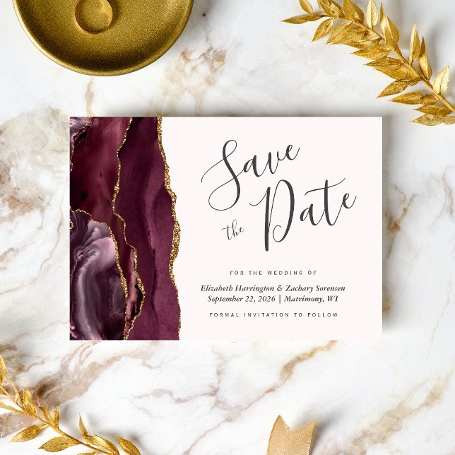 Modern Burgund Gold Agate Blush Save the Date Einladung (Von Creator hochgeladen)
