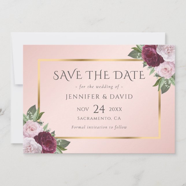 Modern Burgund Gold Blush Pink Floral Save The Date (Vorderseite)