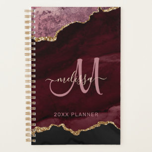 Modern Burgund Gold Glitzer Agate Monogram 2024 Planer