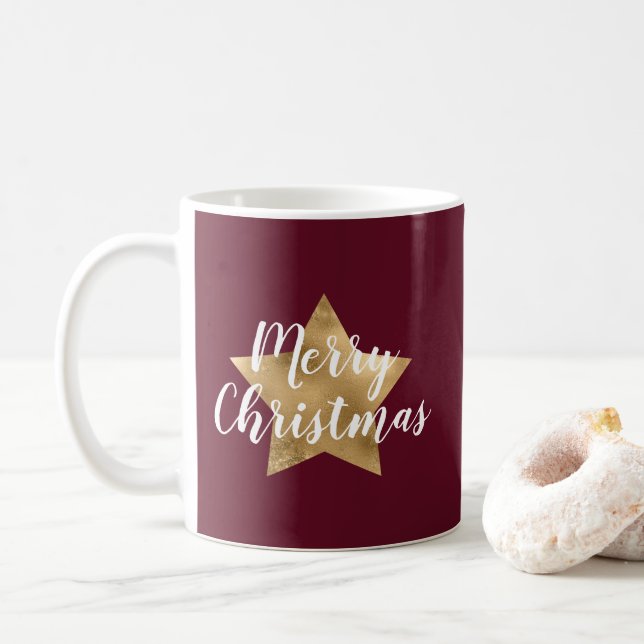 Modern Burgund Gold Star Weihnachten Kaffeetasse (Mit Donut)