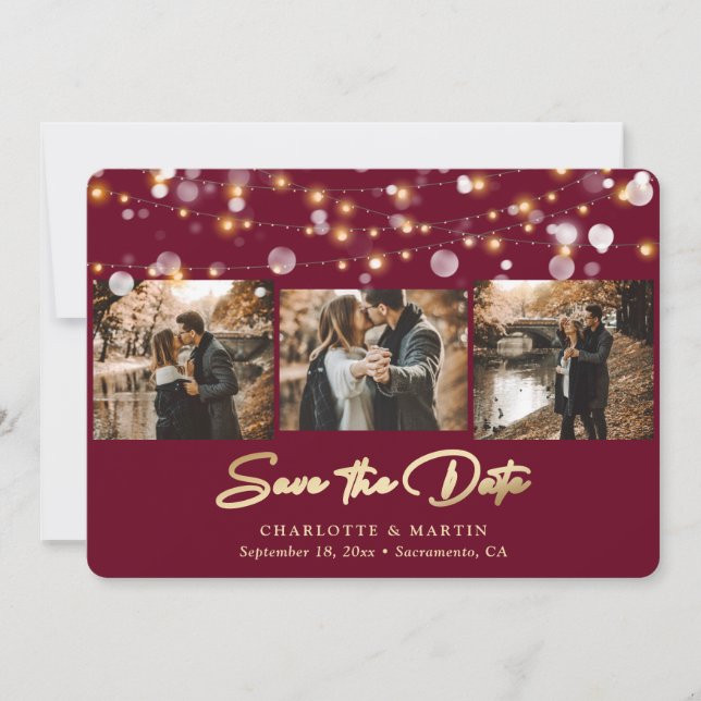 Modern Burgund Gold Wedding 3 Foto Save the Date (Vorderseite)
