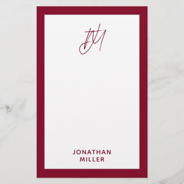Modern Burgund Monogram Briefpapier (Vorderseite)
