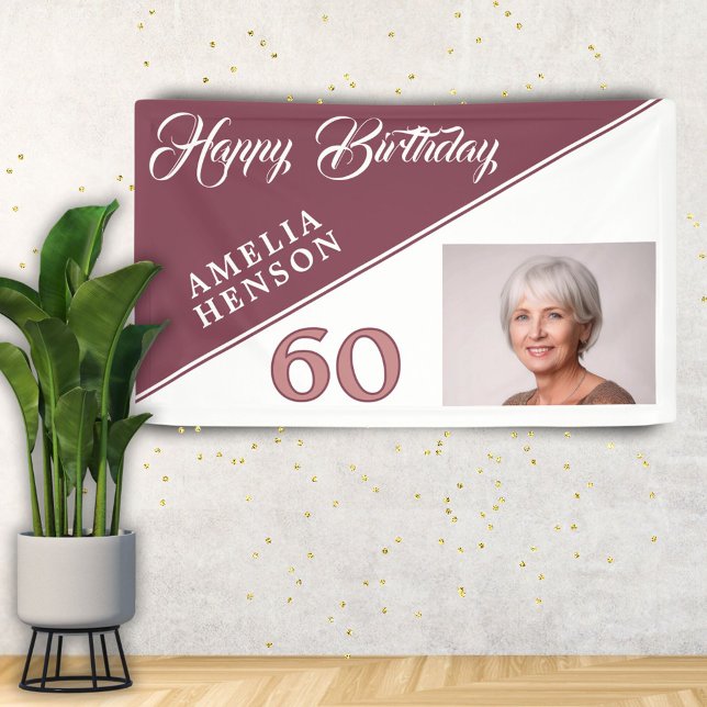 Modern Burgund Red Happy 60. Geburtstag Foto Banner (Von Creator hochgeladen)
