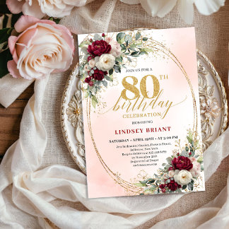 Modern Burgundy Boho Flowers 80th Birthday Invite Einladung