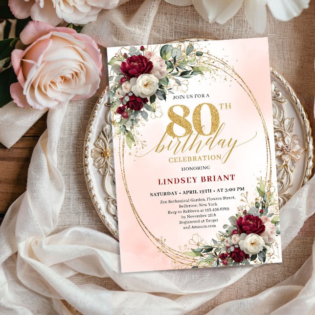 Modern Burgundy Boho Flowers 80th Birthday Invite Einladung (Modern Burgundy Boho Flowers 80th Birthday Invite)