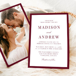 Modern Burgundy Border Photo Wedding Einladung