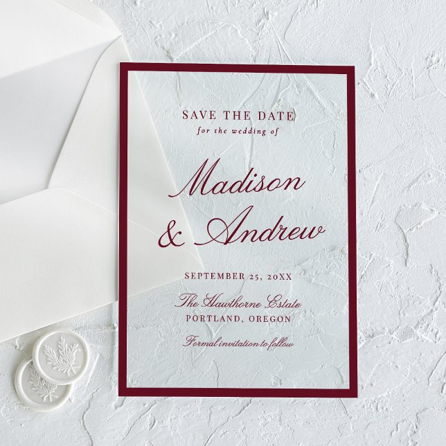 Modern Burgundy Border Wedding Save the Date Acryleinladungen (Von Creator hochgeladen)