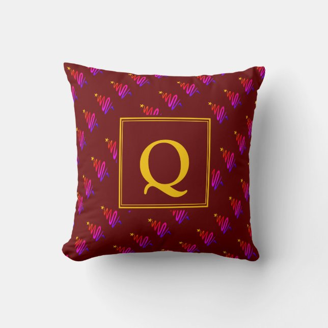 Modern BURGUNDY Christmas Tree MONOGRAM Kissen (Vorderseite)
