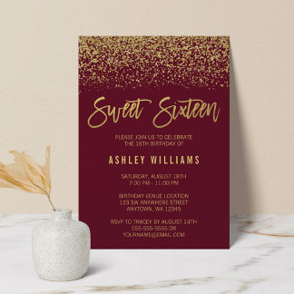 Modern Burgundy Faux Gold Glitter Sweet 16 Einladung