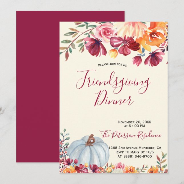 Modern Burgundy Floral Friendsgiving Invitations Einladung (Vorne/Hinten)