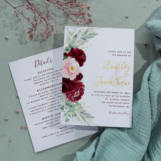 Modern Burgundy Floral Greenery Wedding All in One Folieneinladung (Von Creator hochgeladen)