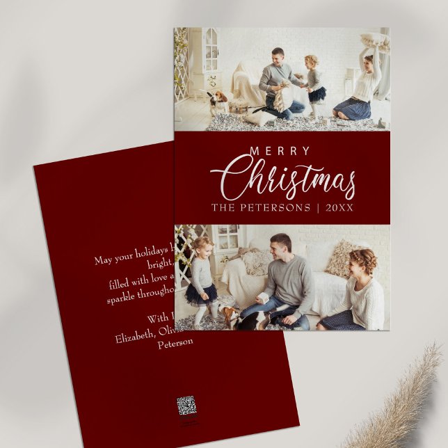 Modern Burgundy Foto Collage Weihnachten (Modern Burgundy Photo Collage Christmas Holiday Card on white table)