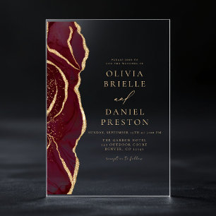 Modern Burgundy Gold Agate Hochzeit Acryleinladungen