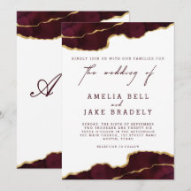 Modern Burgundy Gold Agate Hochzeitseinladung