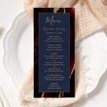 Modern Burgundy Gold Agate Navy Blue Wedding Menu Menükarte<br><div class="desc">Dieses elegante,  moderne Hochzeitsmenü besticht durch einen waschfarbenen bordeauxroten Hintergrund,  der mit einem vergoldeten Imitat-Glitzer besticht. Der Text erscheint in goldfarbener Handschrift und kopperplate-Schriftart auf einem marineblauen Rechteck. Das agate Design wird auf der Rückseite wiederholt.</div>