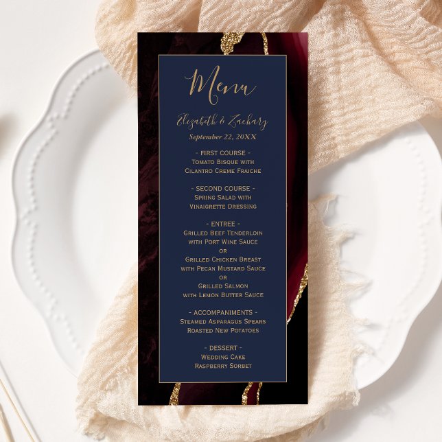 Modern Burgundy Gold Agate Navy Blue Wedding Menu Menükarte (Von Creator hochgeladen)
