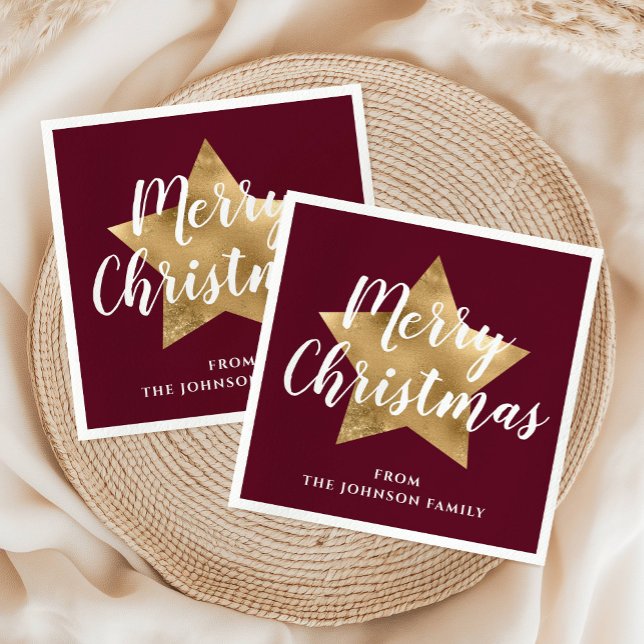 Modern Burgundy Gold Star Frohe Weihnachten Serviette (Modern Burgundy Gold Star Merry Christmas Napkins)
